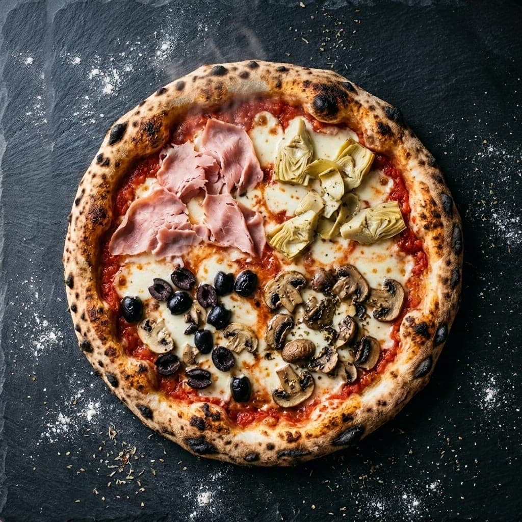 Quattro stagioni pizza, overhead — crushed tomatoes, fresh mozzarella, cooked ham, mushrooms, artichoke hearts, black olives