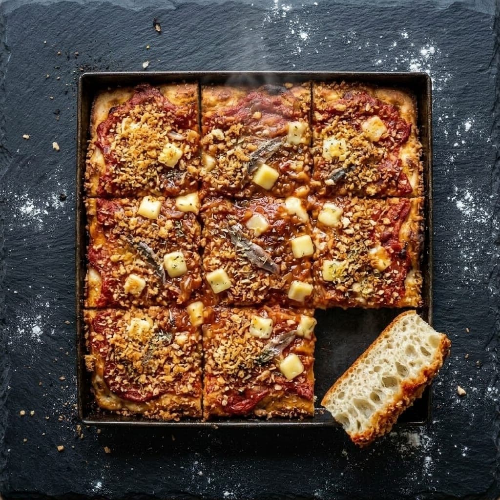 Sfincione pizza, overhead — caciocavallo, onions, crushed tomatoes, anchovy, dried oregano, extra-virgin olive oil, toasted breadcrumbs
