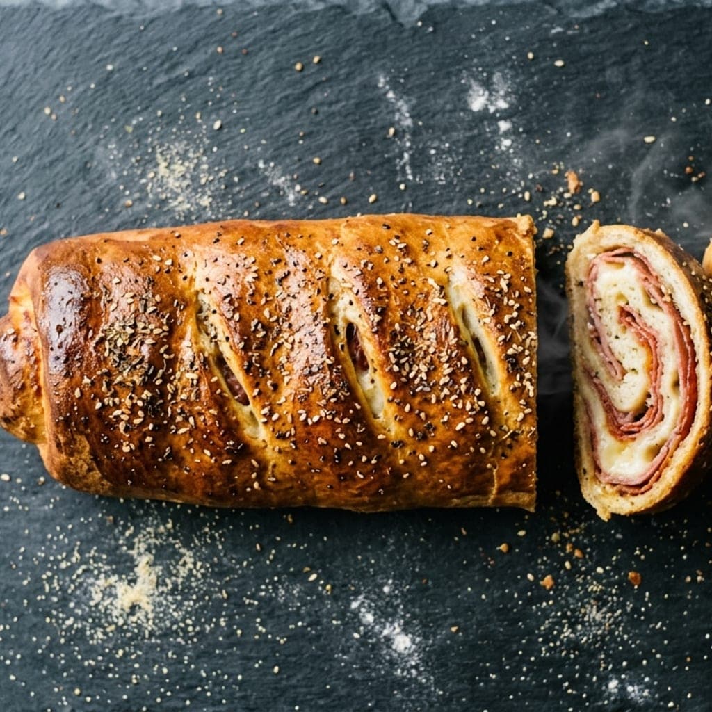 Stromboli, overhead — golden and glossy with garlic butter